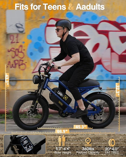 Qlife Electric Bike for Adults-1500W Peak Motor 20" Fat Tires 28MPH(Unlock to 35MPH) EBike Moped, 624-1248Wh Removable Battery Bicycle, with Dual Suspension & Brakes Motorcycle, 7-Speed,Spark