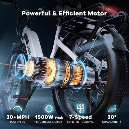 1500W Motor Peak Electric Bike for Adults and Teenagers, 48V 20AH Removable Battery Step Thru EBike, 30+MPH, 80 Miles Max Range, 24" Fat Tire Adult Electric Bicycles for 7 Speed
