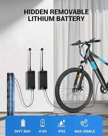 Electric Bike for Adults,36V Built-in Invisible Removable Battery,350W Brushless Motor(Peak 450W) Electric Mountain Bike,26" Tires&Front Fork Suspension,UL Certified 7-Speed