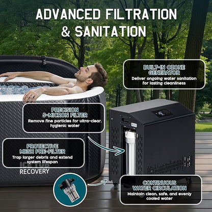 Albott Cold Plunge Tub with 1HP Chiller, Inflatable Ice Bath Tub with App Control, UV/Ozone System, Insulated Lid & Wheels, Full-Body Recovery Tub for Athletes, 150 Gal, 59"x32"x28"