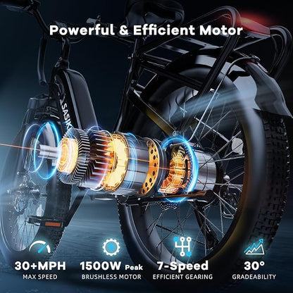 1500W Motor Peak Electric Bike for Adults and Teenagers, 48V 20AH Removable Battery Step Thru EBike, 30+MPH, 80 Miles Max Range, 24" Fat Tire Adult Electric Bicycles for 7 Speed