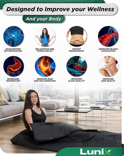 Lunix LX17 Infrared Sauna Blanket for Home, Portable Sauna for Detox, Pain Relief & Recovery, Adjustable 77–176°F Far Infrared Heat with Head Pillow, Detox Wrap & Hot Cold Gel Pack – Jet Black