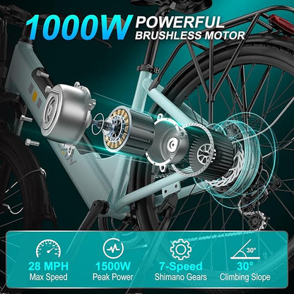 V80 Electric Bike, 1000W Motor 28MPH Ebike, 48V 13Ah Removeable Battery, 26'' City Cruiser Adult Electric Bicycles up to 70 Miles