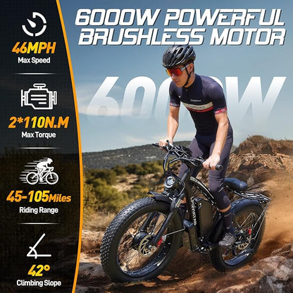 6000W Peak AWD-Ebike-Dual-Motor-Electric-Bike for Adults-Men, 52V 1768Wh Dual-Motor-Ebike 42-46MPH-Hunting-Ebike Long Range Dirtbike, 24"*4.0" Fat-Tire-Electric-Bicycle Mountain Bike Off-Road Snow