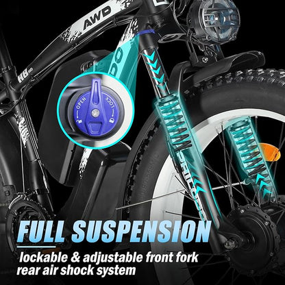 60V 26AH Battery Electric Bike,5000W Dual Motor Ebikes for Adults,Full Suspension Electric Bicycle,26x4 Fat Tires for All Terrain Dirt Bike,21-Speed Gear Electric Mountain Bike