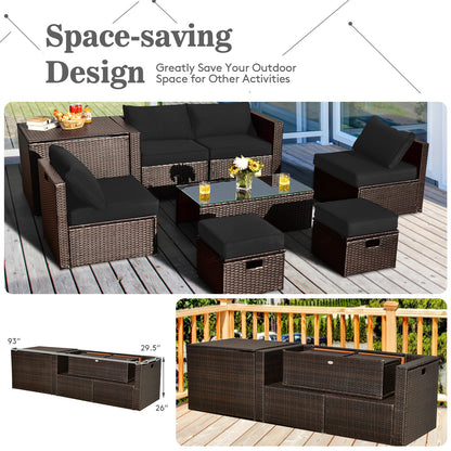 8 Pieces Patio Space-Saving Rattan Furniture Set with Storage Box and Waterproof Cover-Gray