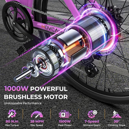 V80 Electric Bike, 1000W Motor 28MPH Ebike, 48V 13Ah Removeable Battery, 26'' City Cruiser Adult Electric Bicycles up to 70 Miles