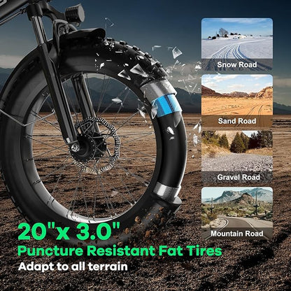 Foldable Electric Bike for Adults, 30+MPH, 48V 20Ah Removable Lithium Battery up to 80Miles, 20" Fat Tire 1000W Peak Motor Dirt Ebike Adult Electric Bicycle for Commute Beach Mountain E Bike