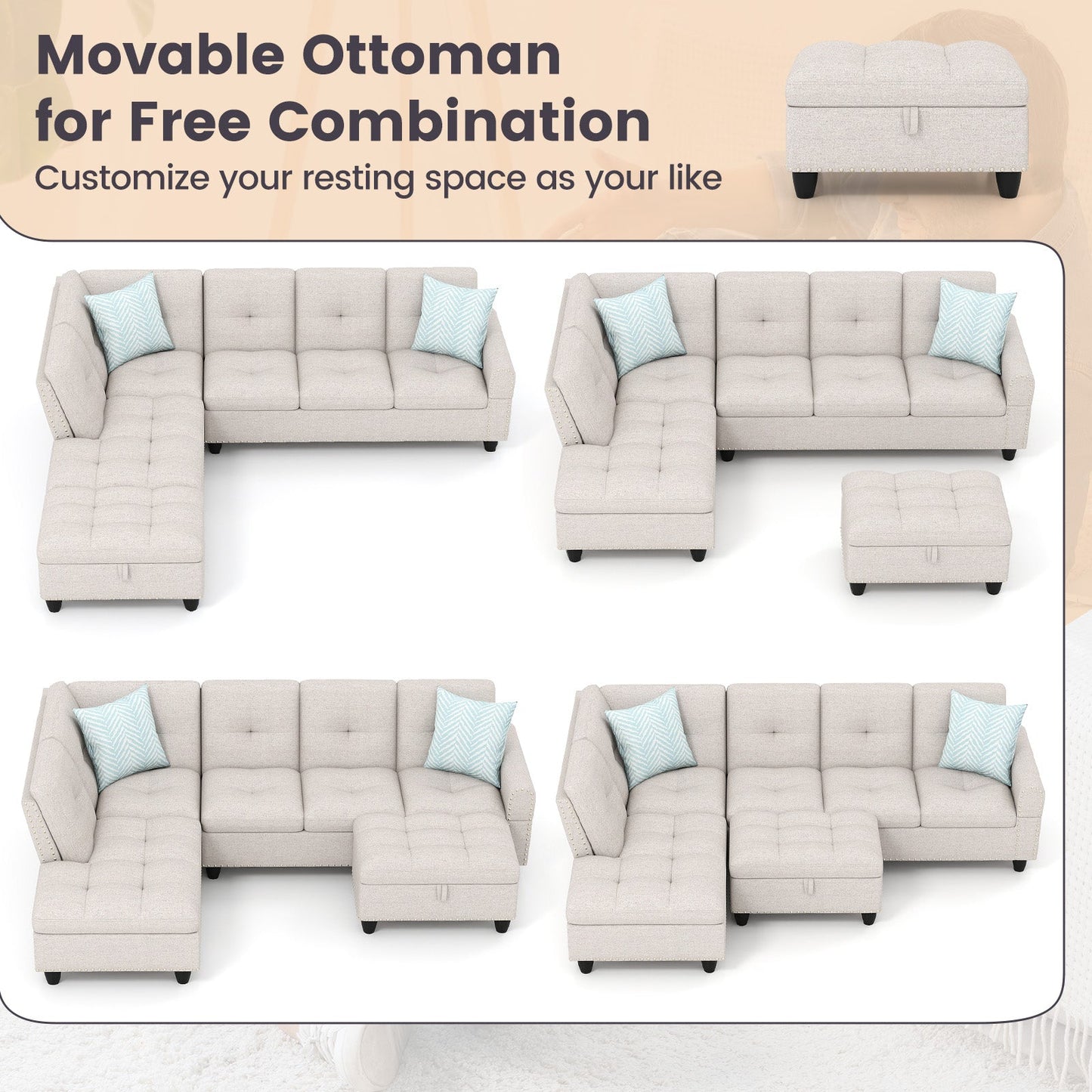 98 Inches Sectional Sofa Couch with Movable Storage Ottoman and Linen Fabric Backs