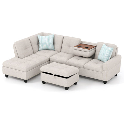 98 Inches Sectional Sofa Couch with Movable Storage Ottoman and Linen Fabric Backs