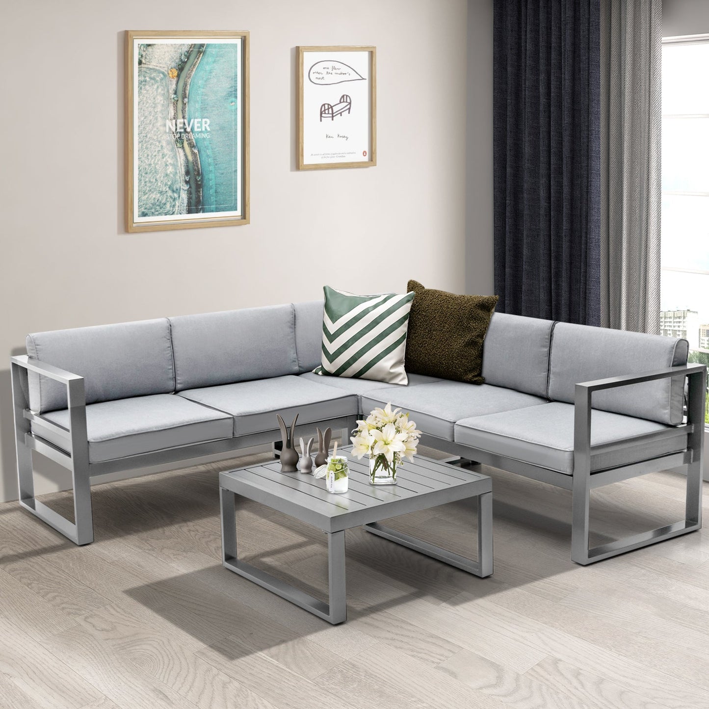 4 Pieces Aluminum Patio Furniture Set with Thick Seat and Back Cushions-Gray