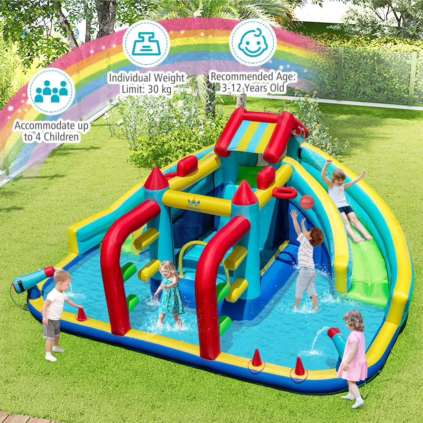 Inflatable Double Water Slide Park with Obstacle Course and 735W Blower