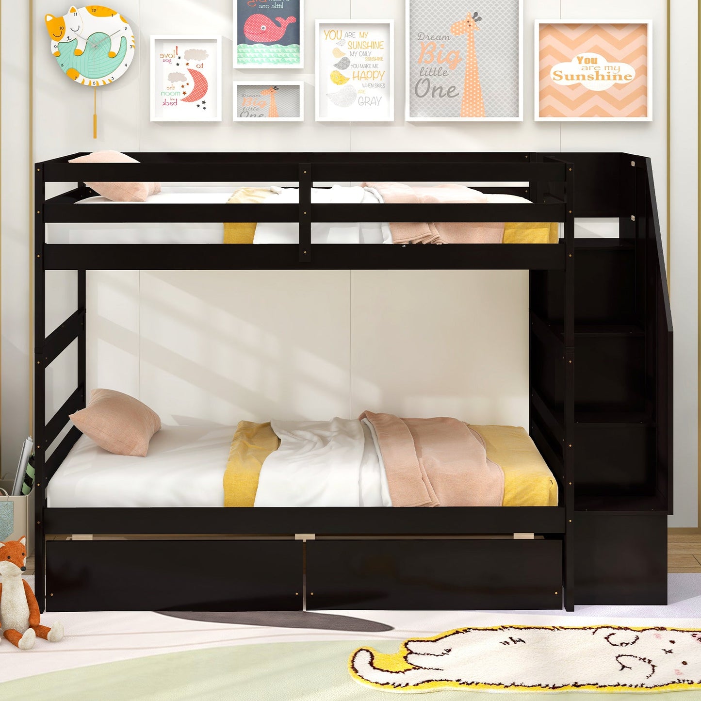 Twin Over Twin Bunk Bed with Storage Stairs and Drawers