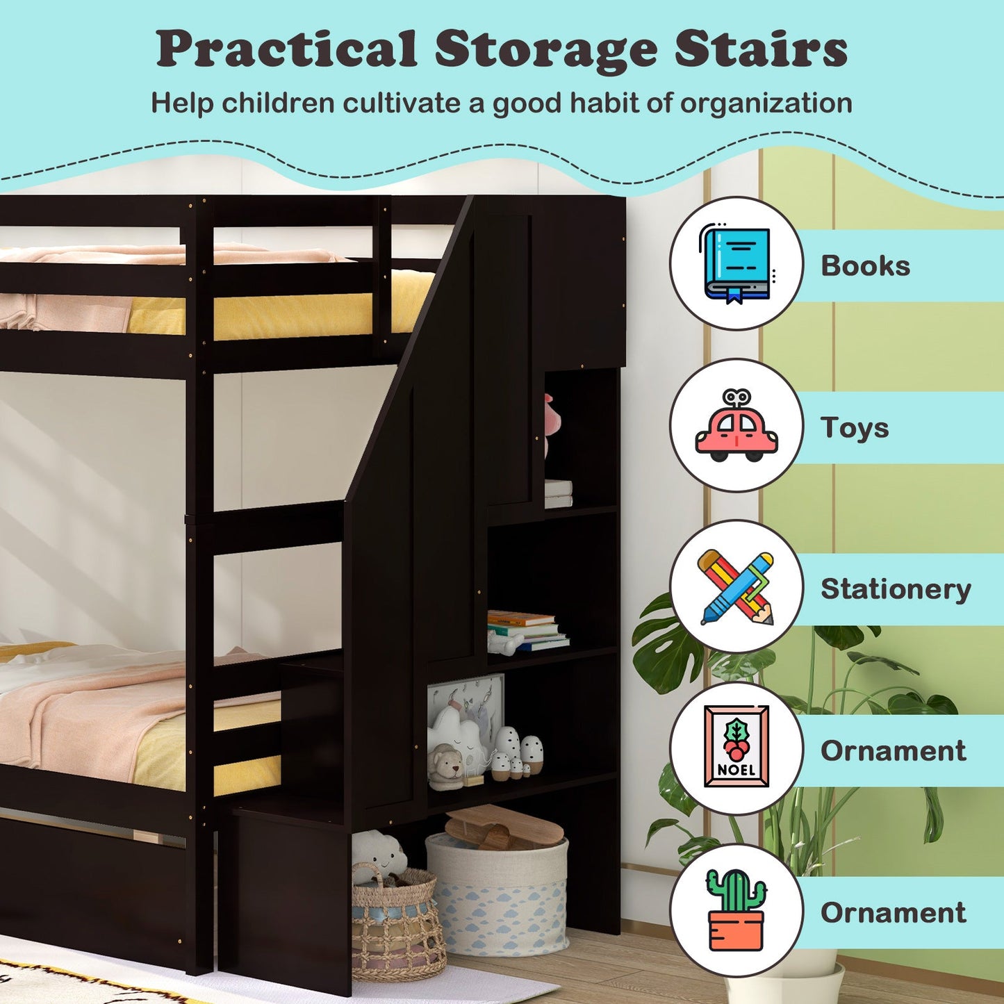 Twin Over Twin Bunk Bed with Storage Stairs and Drawers