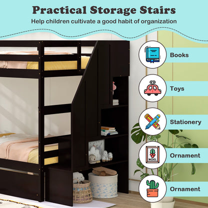Twin Over Twin Bunk Bed with Storage Stairs and Drawers
