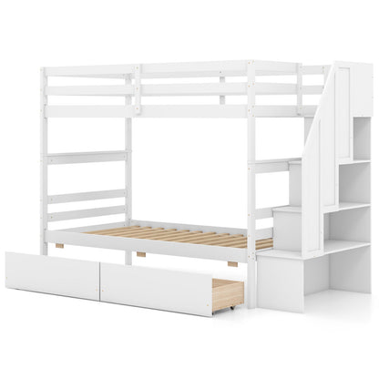 Twin Over Twin Bunk Bed with Storage Stairs and Drawers