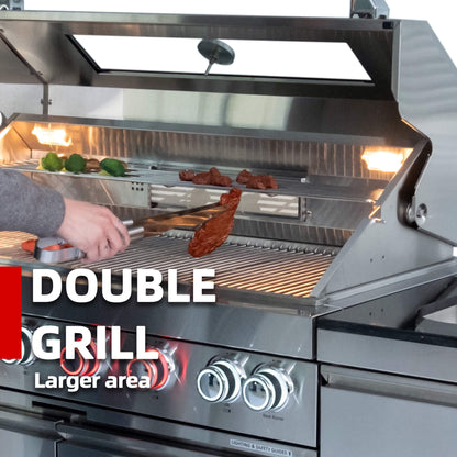 Castelle Flame Aurelia 46-Inch 4-Burner 72K BTU Stainless Steel Outdoor BBQ Kitchen Grill Island With 46-Inch 4-Burner 85K BTU Grill, Rotisserie Kit, And Cabinets (SAK93192)