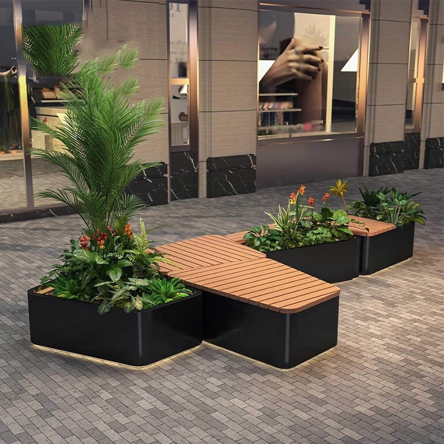 Heavy-Duty Commercial Outdoor Stainless Steel Bench With Wood Seat And Planter Box [Made To Order] (SAK41578)