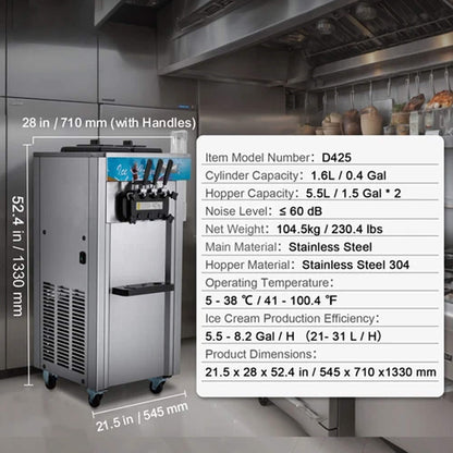 Stainless Steel Commercial 3-Flavor Soft Serve Ice Cream Machine Maker, 21-31 L/H (SAK65291)