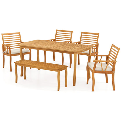 Acacia Wood Outdoor Table and Bench Chairs Set with 1.97 Inch Umbrella Hole
