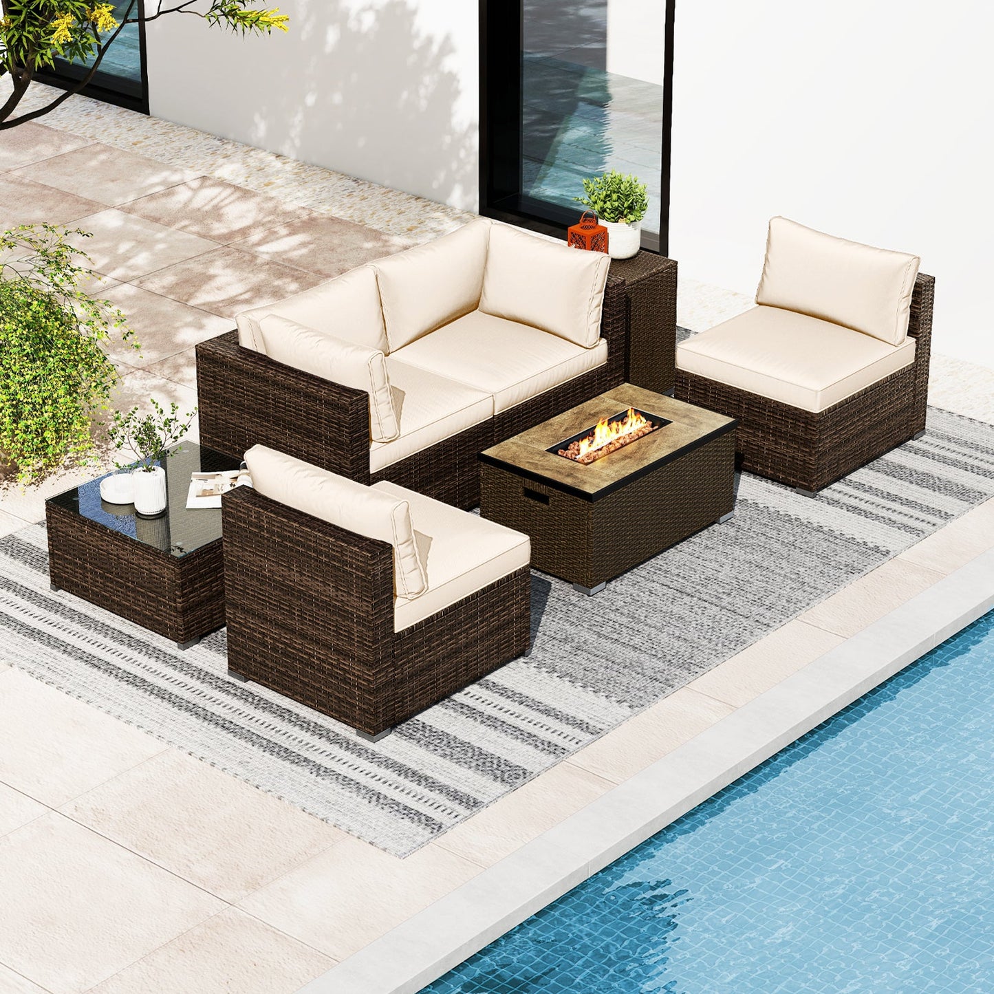 7 Pieces Outdoor Furniture Set with 32 Inch Fire Pit Table and Propane Tank Cover