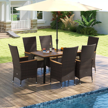 Outdoor Dining Set for 6 Patio Wicker Armchairs and Acacia Wood Table